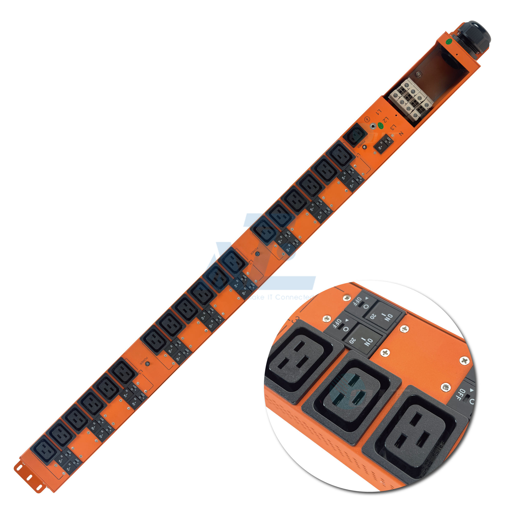 Basic Mining PDU, 3 Phase, 415V/125A, (18) C19, w/ Hydraulic Magnetic Circuit Breakers, Orange